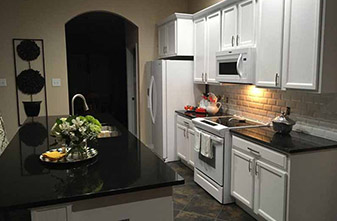 Absolute Black Granite - Back Splash: Bright and Matte Beveled 3x6 White Tile - Location: Denton, Texas 76210